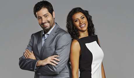 Os apresentadores Luiz Megale e Aline Midlej Os apresentadores Luiz Megale e Aline Midlej