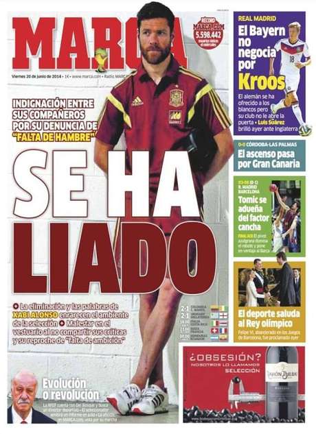Jornal Marca diz que Xabi Alonso dificilmente voltará a jogar pela seleção espanhola Jornal Marca diz que Xabi Alonso dificilmente voltará a jogar pela seleção espanhola
