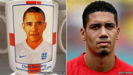 Em vez de ele trazer a imagem de Smalling, a caneca conta com uma foto do presidente dos Estados Unidos, Barack Obama, que aparece vestido com a camisa da seleção da Inglaterra <p>Em vez de ele trazer a imagem de Smalling, a caneca conta com uma foto do presidente dos Estados Unidos, Barack Obama, que aparece vestido com a camisa da seleção da Inglaterra</p>