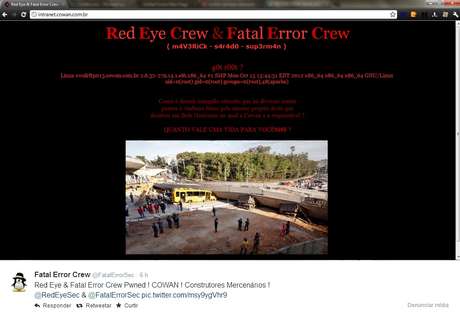 Site da construtora Cowan, construtora responsável pela obra do viaduto que desabou em Belo Horizonte (MG) e deixou dois mortos, foi invadido por hackers Site da construtora Cowan, construtora responsável pela obra do viaduto que desabou em Belo Horizonte (MG) e deixou dois mortos, foi invadido por hackers