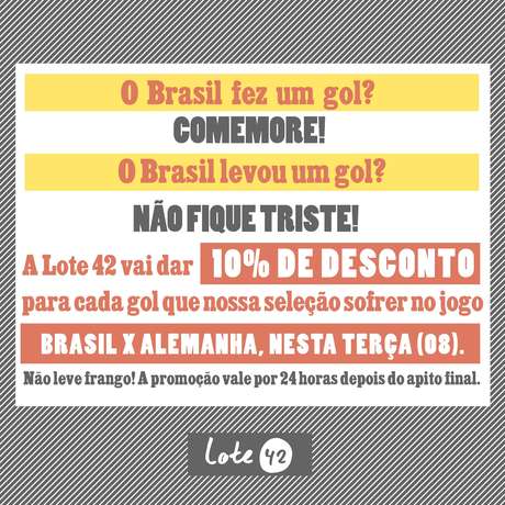 Editora Lote 42 promete 10% de desconto a cada gol sofrido pelo Brasil e cumpre sua palavra com livros 70% mais baratos em loja virtual <p>Editora Lote 42 promete 10% de desconto a cada gol sofrido pelo Brasil e cumpre sua palavra com livros 70% mais baratos em loja virtual</p>