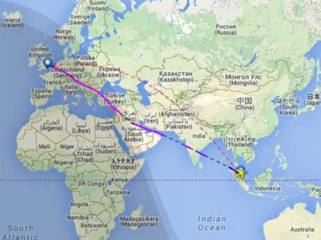 Site Flightradar24 mostra a trajetória original, que passava pela Ucrânia, e a utilizada pelo voo MH04, sobre a Síria Site Flightradar24 mostra a trajetória original, que passava pela Ucrânia, e a utilizada pelo voo MH04, sobre a Síria