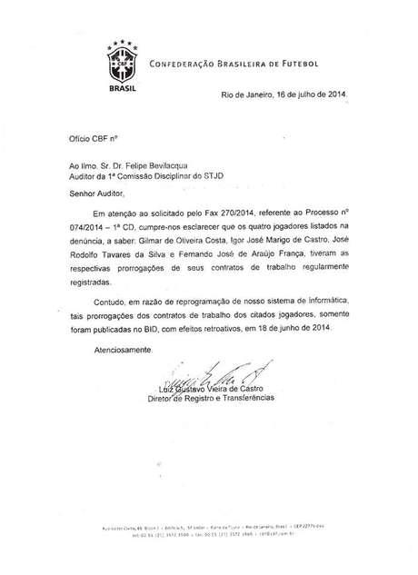 Ofício da CBF confirma registro retroativo de atletas Ofício da CBF confirma registro retroativo de atletas