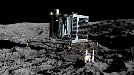 Imagem liberada pela Agência Espacial Europeia de uma impressão artística do Rosetta Philae (vista traseira) na superfície do cometa 67P / Churyumov-Gerasimenko <p>Imagem liberada pela Agência Espacial Europeia de uma impressão artística do Rosetta Philae (vista traseira) na superfície do cometa 67P / Churyumov-Gerasimenko</p><p> </p>