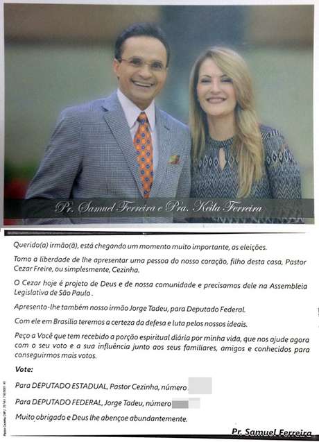 Material assinado pelo pastor pede votos para candidatos a deputado federal e estadual Material assinado pelo pastor pede votos para candidatos a deputado federal e estadual