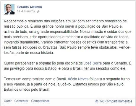 Alckmin disse em mensagem divulgada no seu Facebook que enfrentará os "obstáculos" e os "desafios" do estado de São Paulo <p>Alckmin disse em mensagem divulgada no seu Facebook que enfrentará os "obstáculos" e os "desafios" do estado de São Paulo</p>