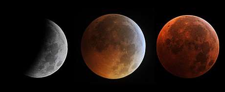Estágios da Lua de Sangue: de eclipse parcial a total com a cor avermelhada Estágios da Lua de Sangue: de eclipse parcial a total com a cor avermelhada