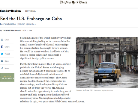 Página do site do "The New York Times" com o editorial que pede fim ao embargo dos Estados Unidos a Cuba Página do site do "The New York Times" com o editorial que pede fim ao embargo dos Estados Unidos a Cuba