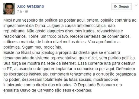 Reprodução <p>Graziano dise que o Deputado Bolsonaro e o ensaísta Olavo de Carvalho representam a direita</p>