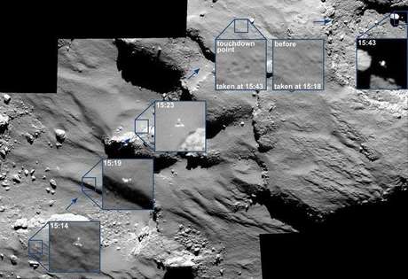ESA/Rosetta/MPS for OSIRIS Team <p>Imagem mostra os pontos em que a Philae quicou na superfície do cometa, em um processo que levou 2 horas</p>