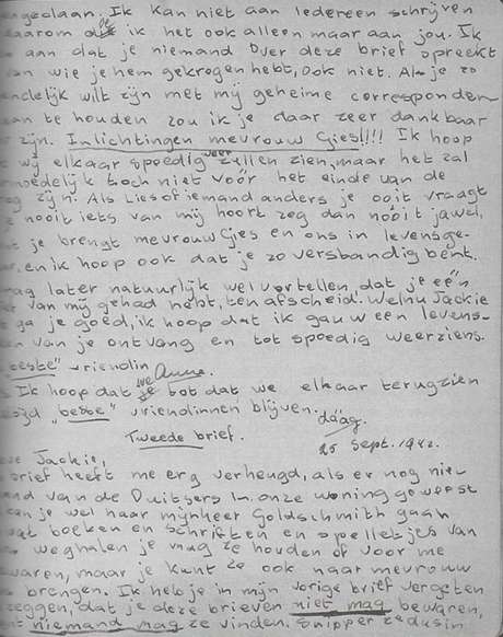 Original da carta escrita por Anne Frank para a amiga, antes de sucumbir à epidemia de tifu / Jacqueline van Maarsen / Arquivo Pessoal