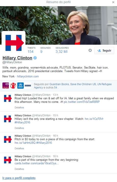 Página da candidata a presidente dos Estados Unidos, Hillary Clinton, no Twitter Página da candidata a presidente dos Estados Unidos, Hillary Clinton, no Twitter