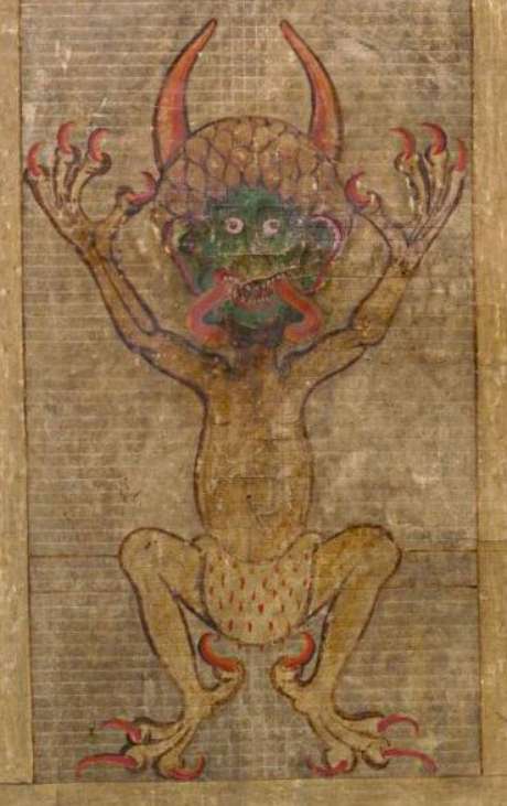 Lenda do manuscrito diz que o Diabo concordou e assinou o trabalho, adicionando um autorretrato Lenda do manuscrito diz que o Diabo concordou e assinou o trabalho, adicionando um autorretrato
