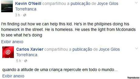 "Estou tentando descobrir como ajudar este garoto", diz um dos compartilhamentos do post de Joyce no Facebook "Estou tentando descobrir como ajudar este garoto", diz um dos compartilhamentos do post de Joyce no Facebook