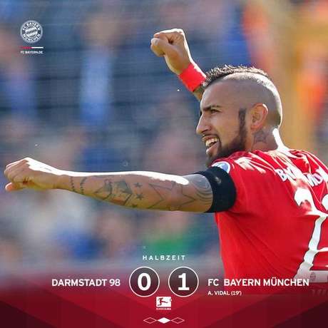 Vidal comemora após marcar primeiro gol do Bayern diante do Darmstadt Vidal comemora após marcar primeiro gol do Bayern diante do Darmstadt