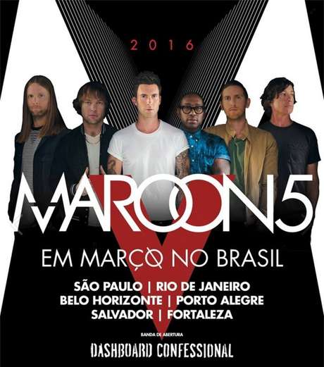 O grupo californiano aterrissa no Brasil em março, onde fará seis apresentações para divulgar o lançamento do novo álbum, V, que inclui sucessos como Sugar e Maps O grupo californiano aterrissa no Brasil em março, onde fará seis apresentações para divulgar o lançamento do novo álbum, V, que inclui sucessos como Sugar e Maps