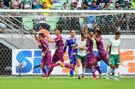 Fernando Gabriel e os jogadores da Ferroviária comemora o primeiro gol, de falta, em cima do Palmeiras no Allianz Parque