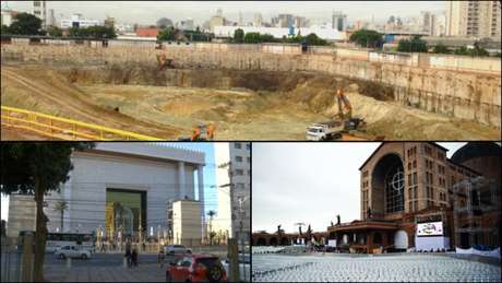 Caminhões retiram terra de terreno para Templo da Graça no Bom Retiro (em cima); Templo de Salomão (embaixo à esq) e Santuário de Aparecida (à dir) estão entre megatemplos de SP 