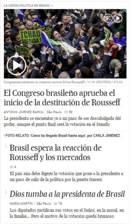 No El País, a manchete principal foi a decisão da Câmara dos Deputados brasileira No El País, a manchete principal foi a decisão da Câmara dos Deputados brasileira
