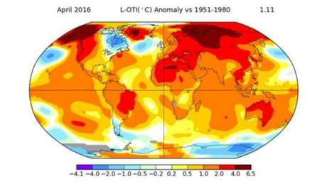 As regi&otilde;es em vermelho mostram os locais onde a temperatura subiu mais no m&ecirc;s passado
