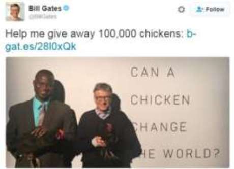 Bill Gates lançou campanha nesta semana; no Twiter, postou: "Me ajude a doar 100 mil galinhas"