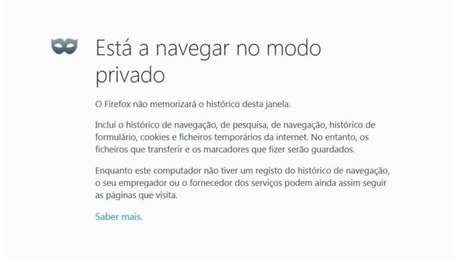 O Firefox também alerta para as ressalvas de sua navegação incógnita