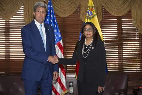 Secretary of State John Kerry meets with Venezuelan Foreign Minister Delcy Rodriguez during the General Assembly of the Organization of American States, Tuesday, June 14, 2016, in Santo Domingo, Dominican Republic.