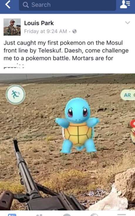 Louis Park, de 26 anos, capturou um Squirtle enquanto estava em um front, lutando contra o Estado Islâmico Louis Park, de 26 anos, capturou um Squirtle enquanto estava em um front, lutando contra o Estado Islâmico