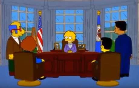 A presidente Lisa re&uacute;ne seus secret&aacute;rios para saber como anda a economia dos Estados Unidos depois da presid&ecirc;ncia de Trump