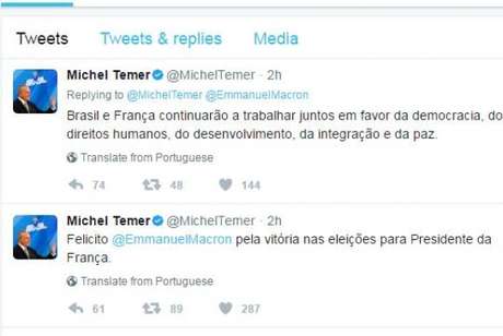 Temer cumprimenta Macron pela vitória no segundo turno das eleições presidenciais na França