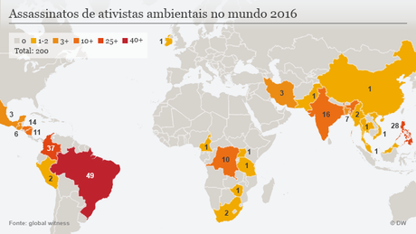 Mapa mostra as mortes de ambientalistas ao redor do mundo