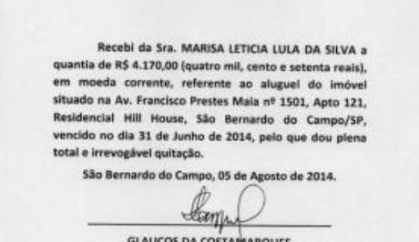 Recibo de aluguel entregue pelo ex-presidente Lula com data de 31 de junho, data inexistente 