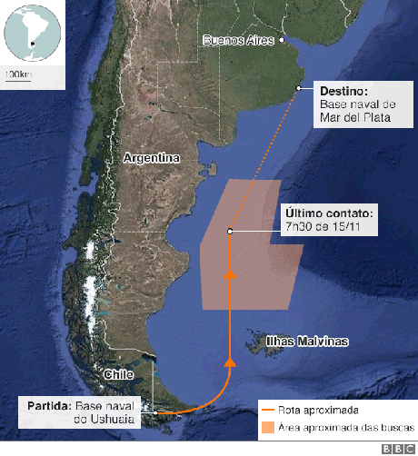 Mapa com a rota do submarino argentino Mapa com a rota do submarino argentino