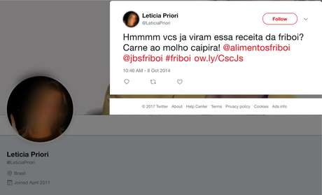 Perfil que usa foto de mulher morta elogia Friboi | Imagem: Twitter/Reprodução
