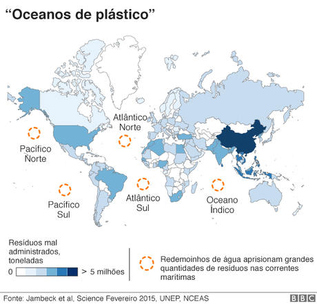 Mapa indicando a alta concentração de plástico em diferentes oceanos Mapa indicando a alta concentração de plástico em diferentes oceanos
