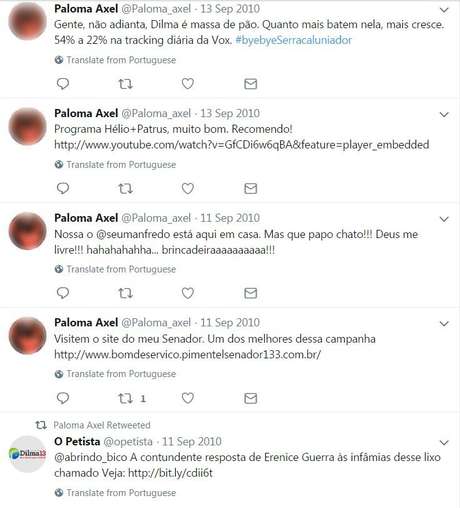 BBCBrasil.com 'Paloma Axel' tuita a favor de Dilma e Fernando Pimentel (PT), além de interagir com outro fake | Imagem: Reprodução/Twitter