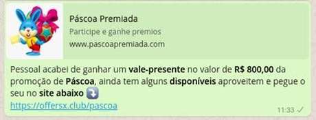 Canaltech Mensagem que chega no WhatsApp divulgando a falsa oferta (Imagem: DFNDR Lab)