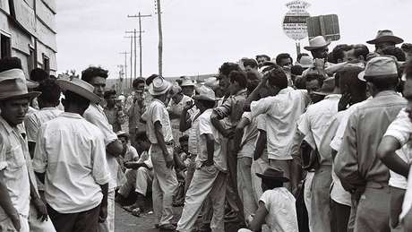   Rank of candangos, the migrant workers who erected Brasilia; the city was built in less than four years 