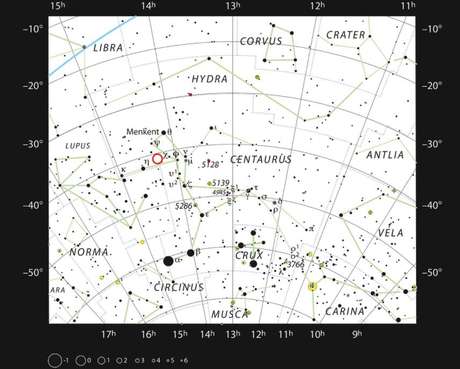 Mapa mostra a localização da estrela PDS 70 e do novo planeta na constelação de Centauro