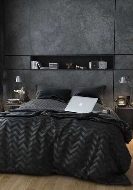 39. Decoração super moderna com paredes de cimento queimado para quarto com nicho embutido na parede 39. Decoração super moderna com paredes de cimento queimado para quarto com nicho embutido na parede