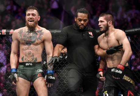 Conor McGregor e Khabib Nurmagomedov foram suspensos de maneira preventiva pela NAC (Foto: Getty Images) Conor McGregor e Khabib Nurmagomedov foram suspensos de maneira preventiva pela NAC (Foto: Getty Images)