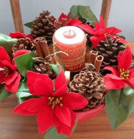 20- Os centros de mesa feitos com canela em pau, pinhas secas, velas e flor de natal são comercializados nas lojas especializadas em decoração natalina. Fonte: Pinterest 20- Os centros de mesa feitos com canela em pau, pinhas secas, velas e flor de natal são comercializados nas lojas especializadas em decoração natalina. Fonte: Pinterest