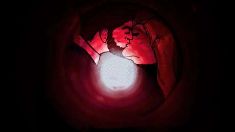 Ilustração de um túnel com luz ao fundo, e homem e mulher se beijando