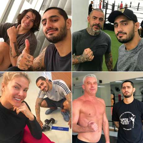 Acima, Caio Franco com Whindersson Nunes e Henrique Fogaça; abaixo, durante treino com Ana Hickmann e o empresário Alexandre Côrrea, marido da apresentadora Acima, Caio Franco com Whindersson Nunes e Henrique Fogaça; abaixo, durante treino com Ana Hickmann e o empresário Alexandre Côrrea, marido da apresentadora