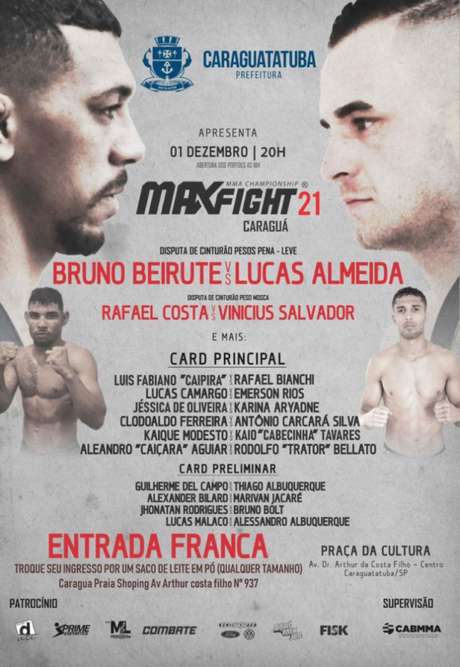 Max Fight 21 está marcado para o próximo sábado, dia 1 de dezembro, no litoral de São Paulo (Foto divulgação) Max Fight 21 está marcado para o próximo sábado, dia 1 de dezembro, no litoral de São Paulo (Foto divulgação)