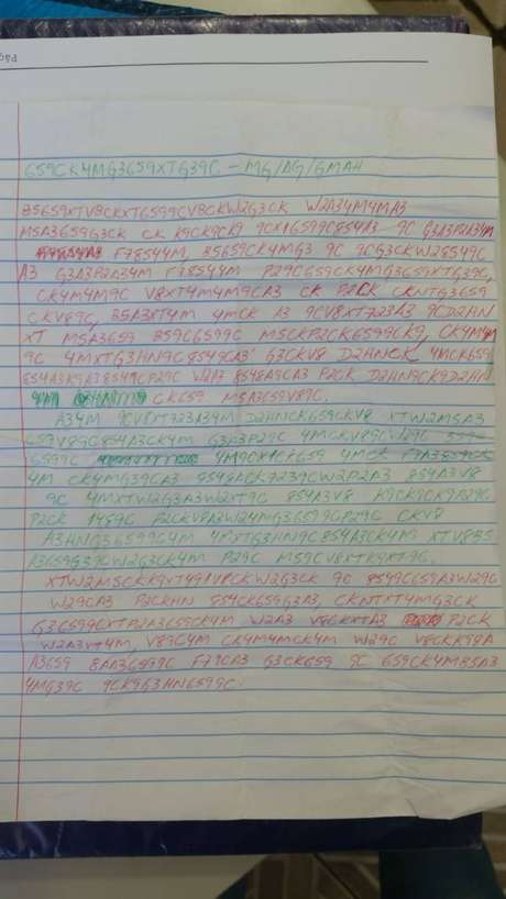 Carta apreendida com visitante da Penitenciária 2 de Presidente Venceslau, em São Paulo, escrita em código Carta apreendida com visitante da Penitenciária 2 de Presidente Venceslau, em São Paulo, escrita em código