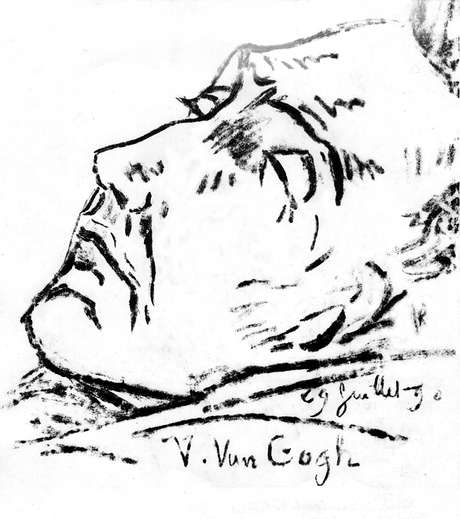Desenho de Van Gogh em seu leito de morte, com a parte superior da orelha intacta Desenho de Van Gogh em seu leito de morte, com a parte superior da orelha intacta