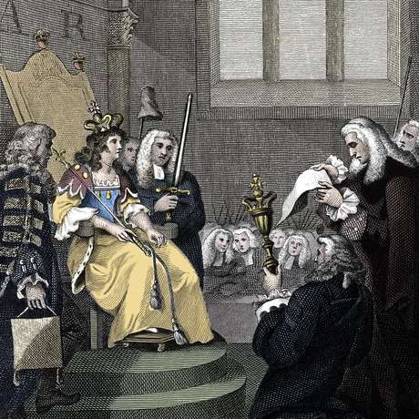 Ilustração de artista desconhecido, de 1826, mostra o ato de união entre a Inglaterra e a Escócia sendo lido diante da rainha Anne em 1707 Ilustração de artista desconhecido, de 1826, mostra o ato de união entre a Inglaterra e a Escócia sendo lido diante da rainha Anne em 1707