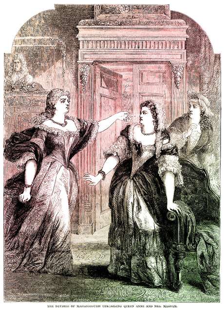 A duquesa de Marlborough repreendendo a rainha Anne e Abigail Masham em ilustração de 1753 A duquesa de Marlborough repreendendo a rainha Anne e Abigail Masham em ilustração de 1753