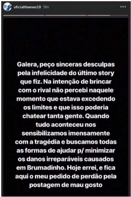 Thiago voltou a postar em sua conta no Instagram, mas dessa vez uma mensagem se desculpando pela brincadeira infeliz- Reprodução Thiago voltou a postar em sua conta no Instagram, mas dessa vez uma mensagem se desculpando pela brincadeira infeliz- Reprodução